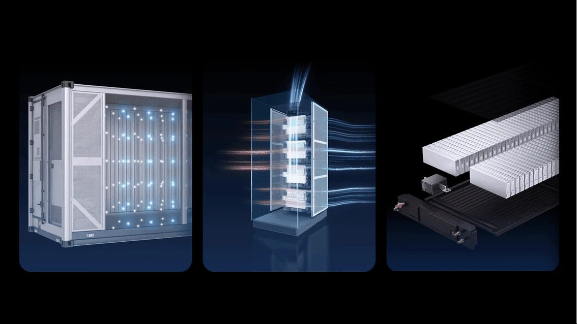 Three parallel technical views show equipment internals, working parts and a layered battery module