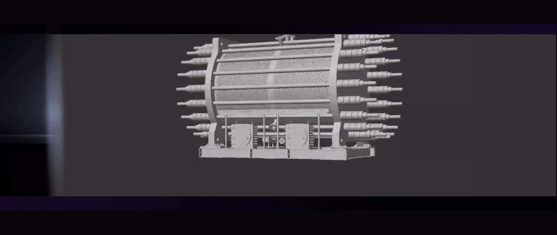 An electrolyzer product launch sequence shows the equipment and its component arrangement
