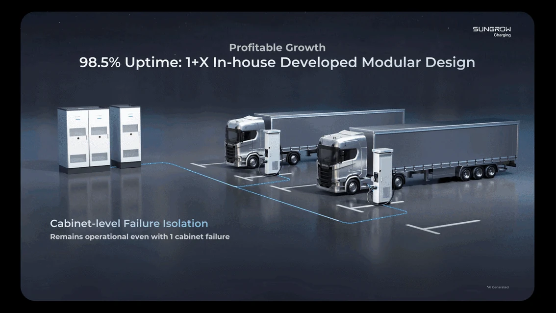 Commercial-vehicle charging equipment is presented alongside vehicles and its installation setting