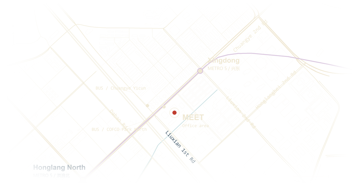 Neighbourhood streets and transit near MEET's Shenzhen office; the red marker indicates the approximate office area
