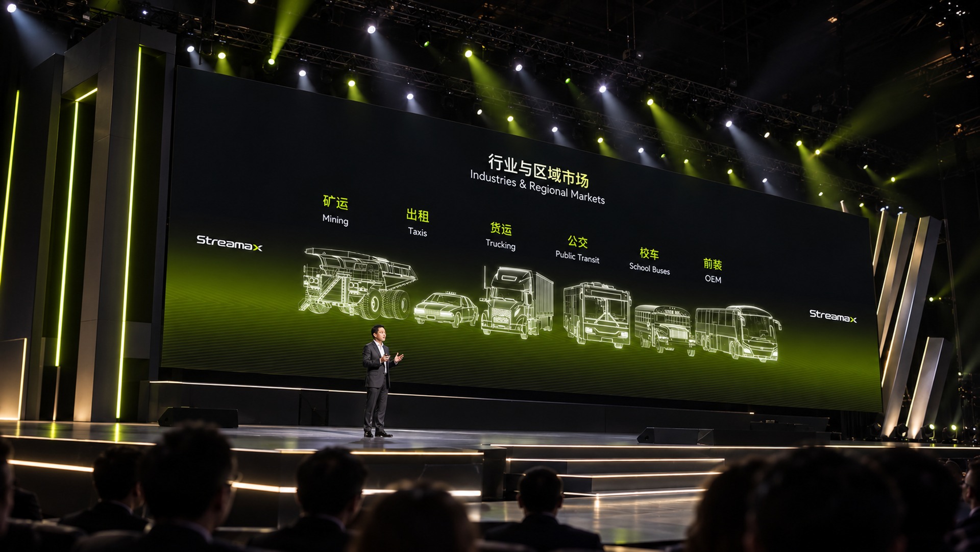 AI-generated stage visualization showing the original Streamax industry portfolio slide on a panoramic LED with a speaker and an asymmetric metal portal