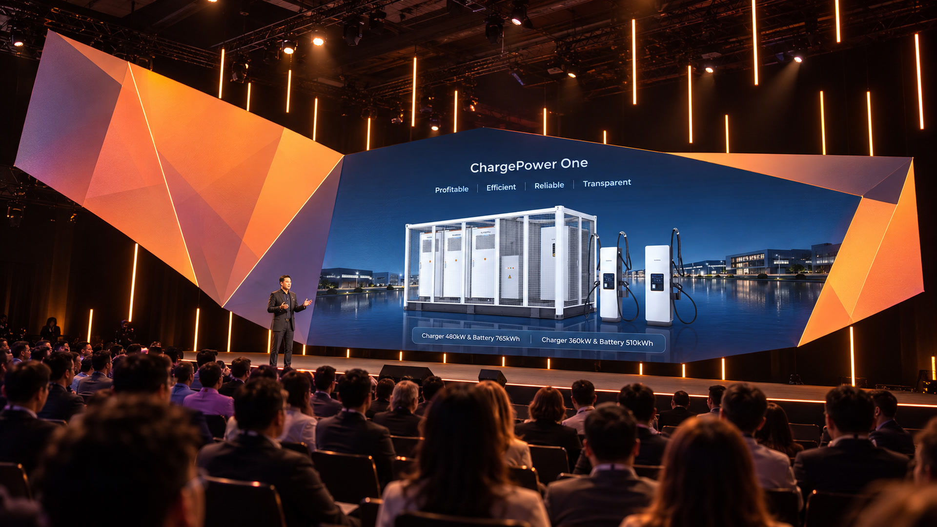 AI-generated stage visualization. A continuous asymmetric origami LED wall with suspended amber light rods in a raw industrial venue, viewed from the mid-right aisle at a low angle.