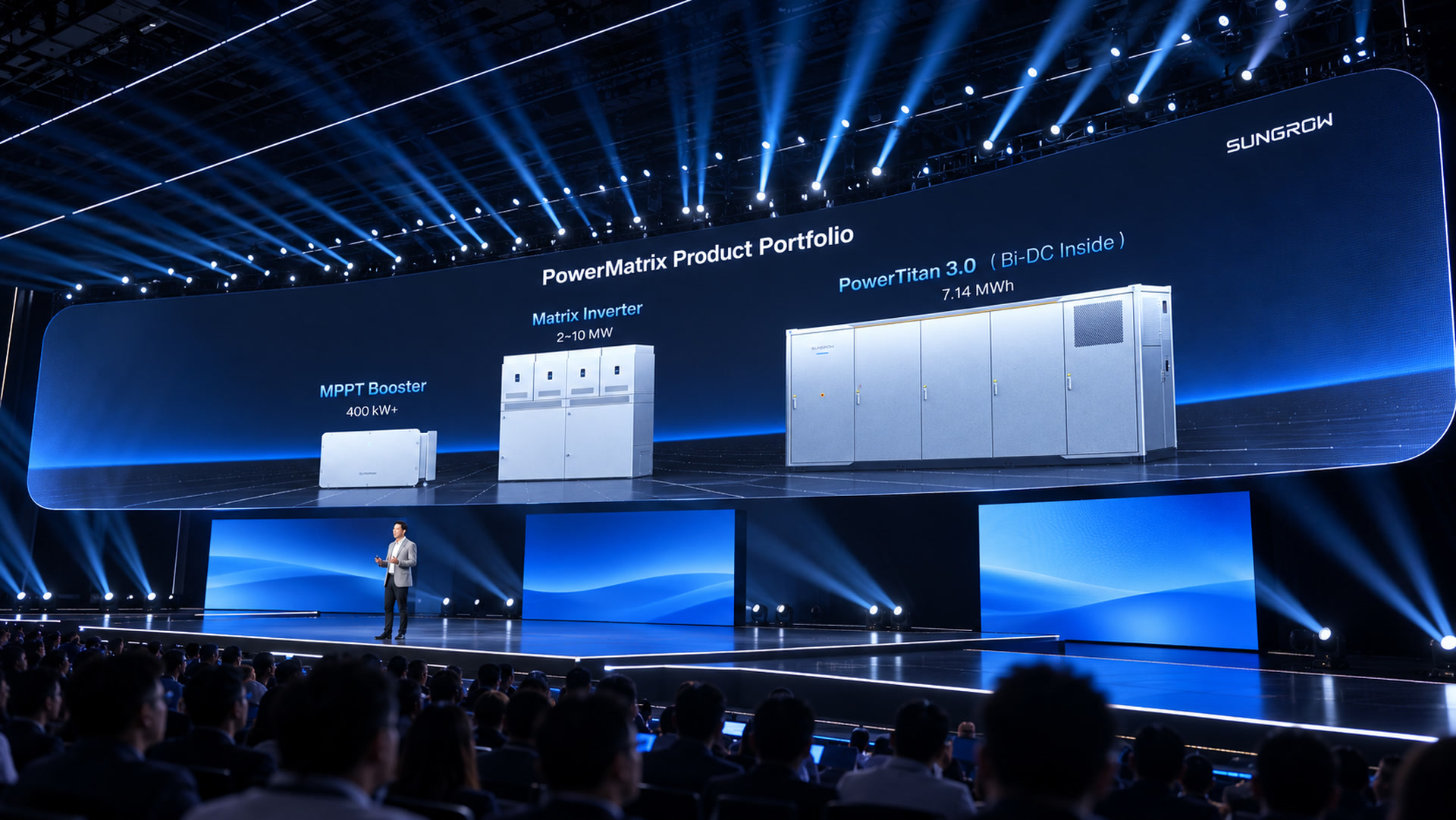 AI-generated stage visualization. A suspended flowing panoramic LED ribbon above three separate low LED islands; photographed close from the far right at seated eye level.